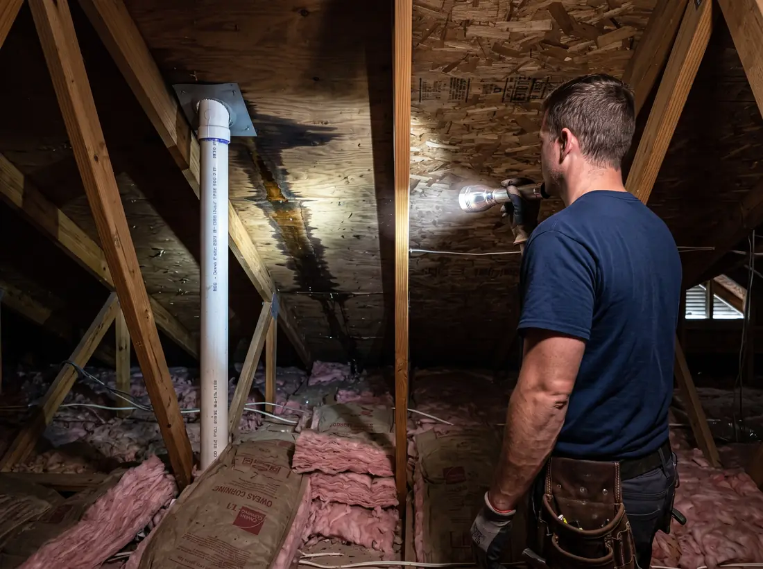 An Kestrel roofer in an attic using a flashlight to trace a water trail on the roof decking near a vent pipe