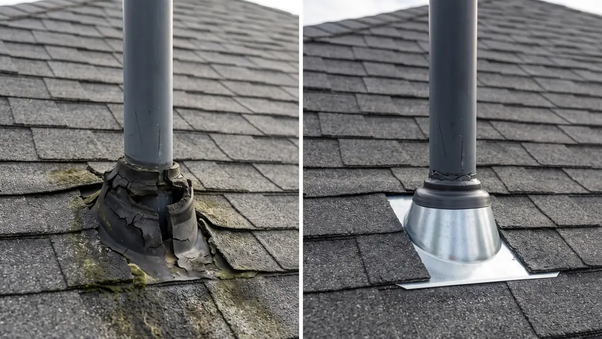 Before and after: a cracked rubber pipe boot with water staining, then a new sealed pipe boot flashing