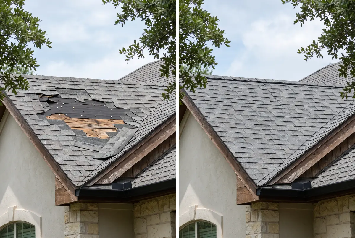 Before and after: wind-torn shingles exposing underlayment, then new matching shingles installed