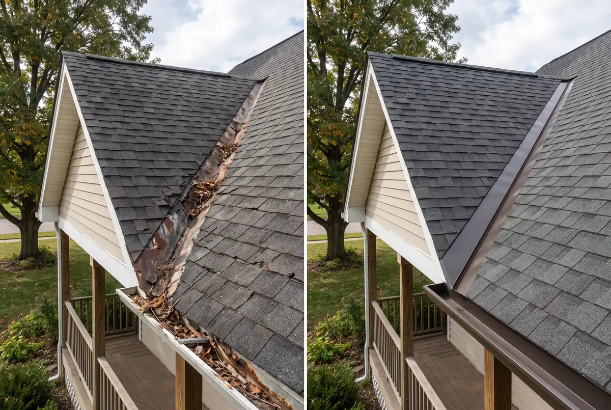 Before and after: a rusted, debris-filled roof valley, then new metal valley flashing