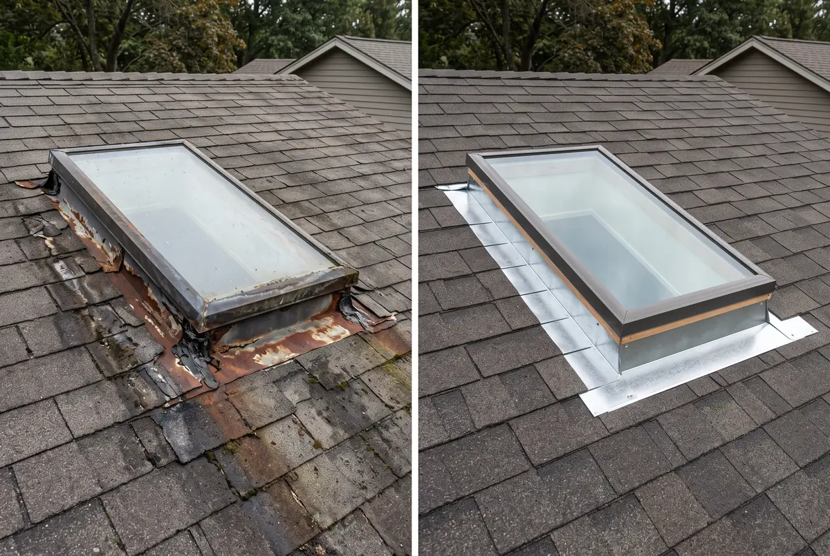 Before and after: a skylight with cracked sealant and rusted flashing, then with new step flashing
