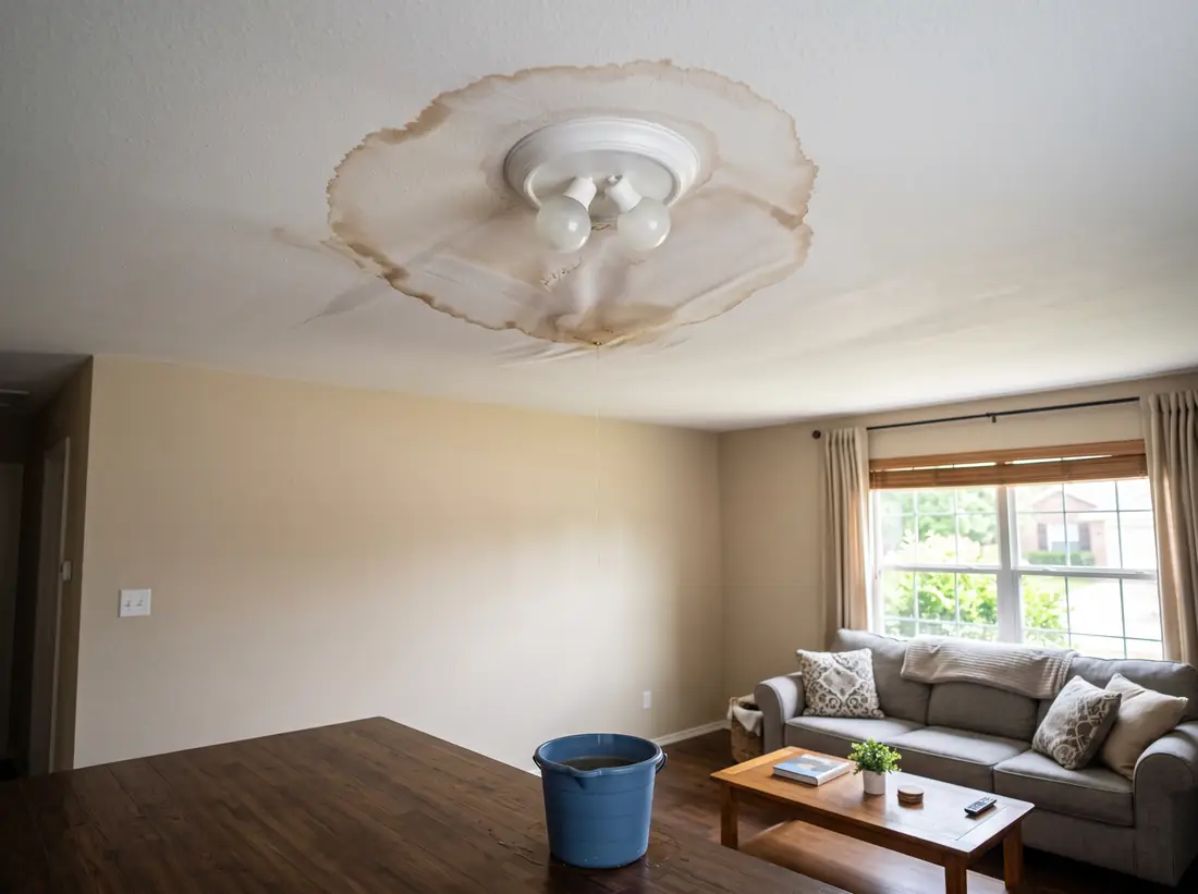 A brown water stain spreading across a living room ceiling around a light fixture, with a bucket on the floor below