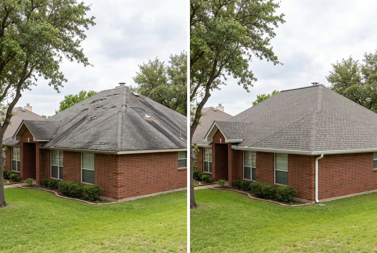 Before and after: a brick ranch home with a worn 3-tab shingle roof, then with new architectural shingles