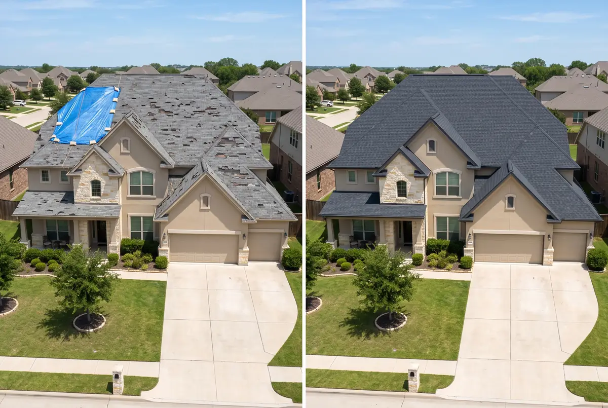 Before and after: a two-story stucco home with a hail-damaged, tarped roof, then with a new charcoal shingle roof