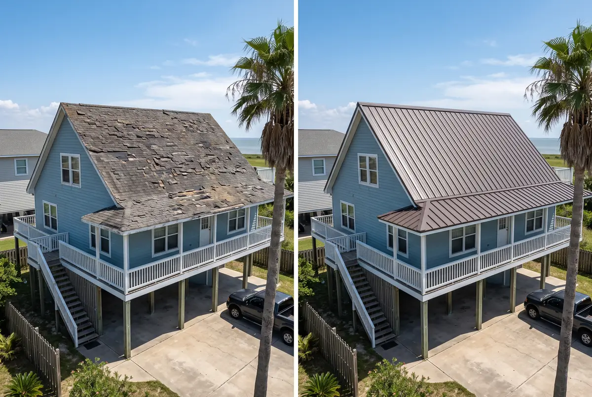 Before and after: a raised coastal home with a storm-worn shingle roof, then with a bronze standing-seam metal roof