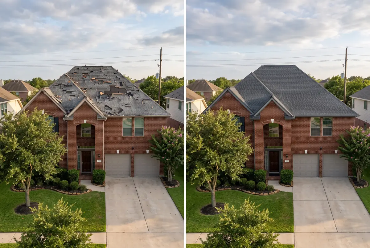 Before and after: a two-story brick home with a hail- and wind-damaged roof, then with new impact-resistant shingles