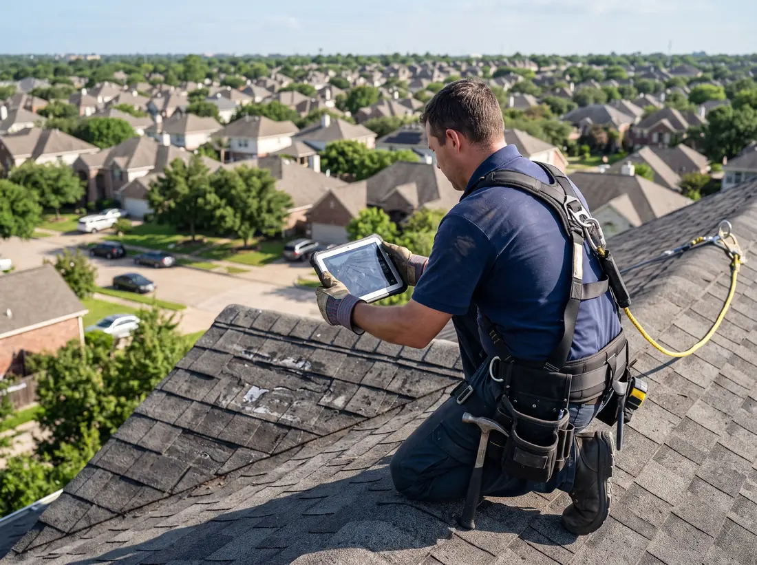 A certified Kestrel roofer in a safety harness photographing worn shingles with a tablet during a roof inspection